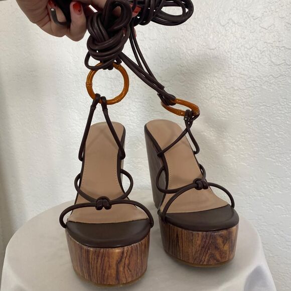 Cuccoo Boho Euro Summer Brown Tan Pinterest Lace Up Platform Sandals EU 39 / 8.5 - Picture 5 of 8